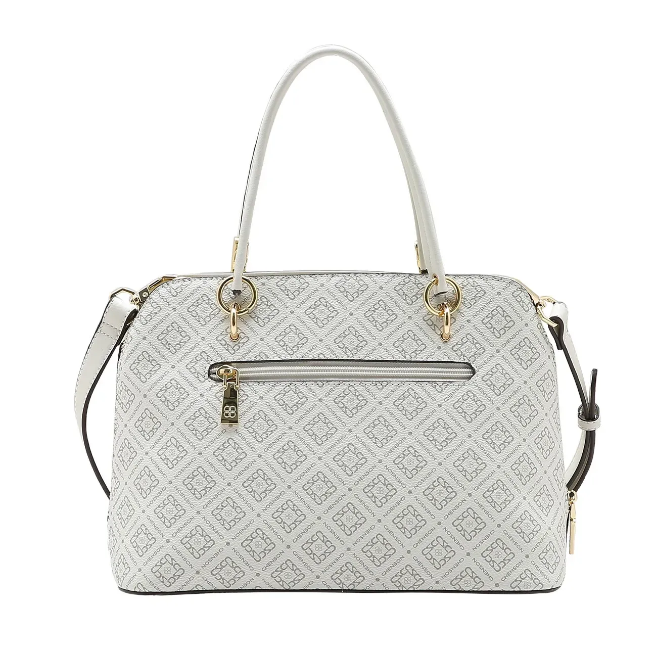 Vista traseira da bolsa Chenson off white com bolso externo e acabamento em metal dourado